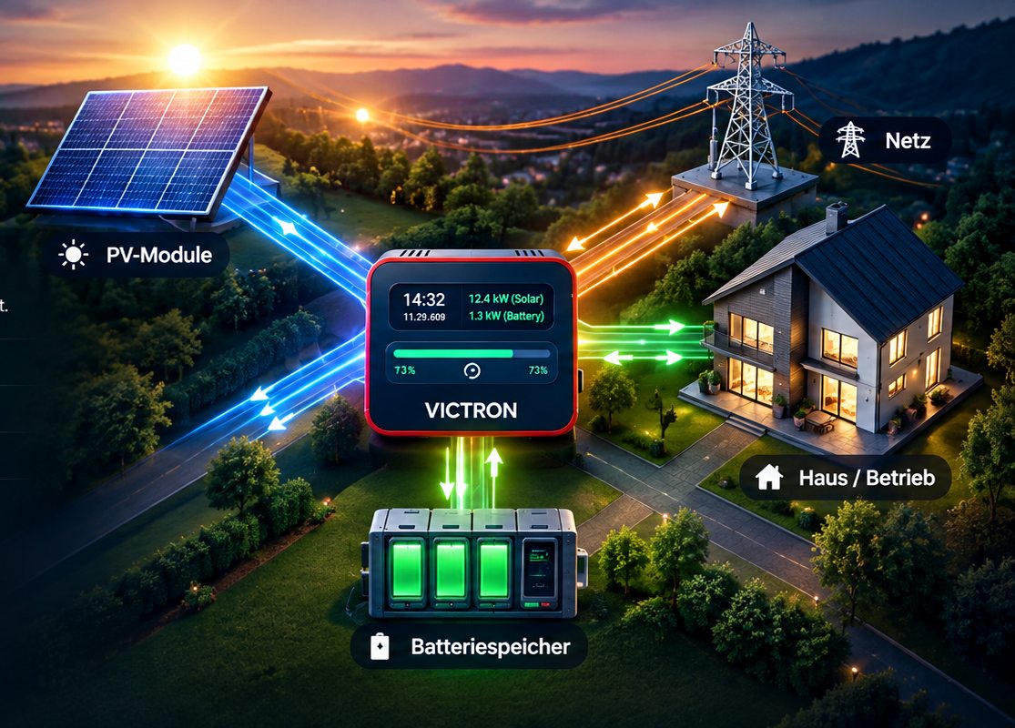 Energiefluss: PV-Module, Victron-System, Batteriespeicher, Haus und Netz